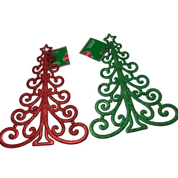 Set Of 2 Glittery Christmas Tree Ornaments - Red & Green - By Christmas House - Picture 1 of 6